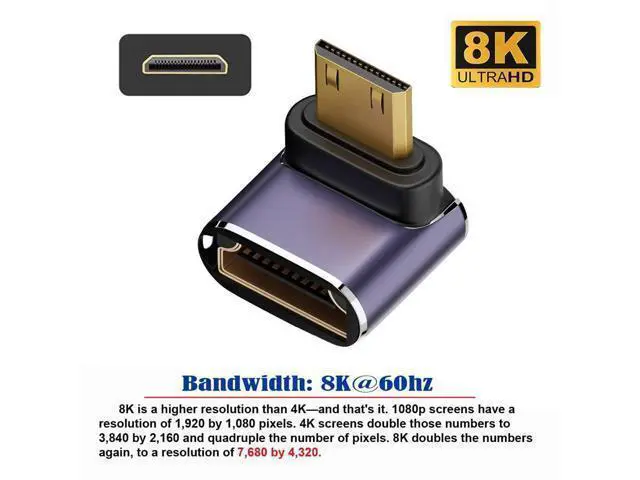 Alt view image 7 of 7 - Down Angled Mini HDMI Male to HDMI 2.1 Female UHD Extension Gold Converter Adapter Support 8K 60hz HDTV