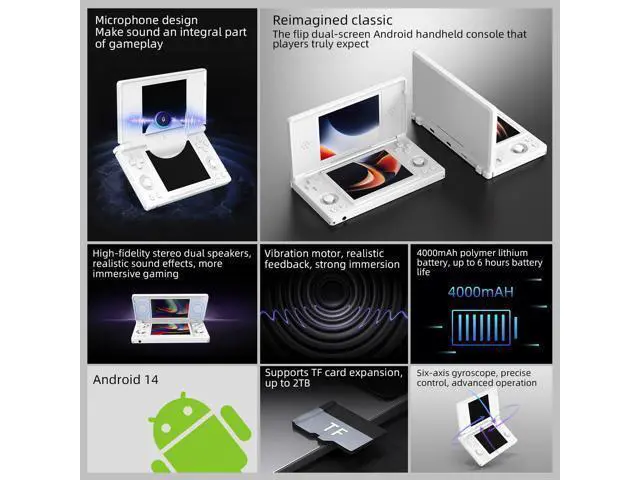 Alt view image 4 of 7 - ANBERNIC RG DS Handheld Game Consoles RG DS Retro Gaming Console Dual-screen Video Game Console 3+32GB Android 14 Portable Pocket Arcade 4000mAh Battery WiFi Bluetooth HD Output Polar White