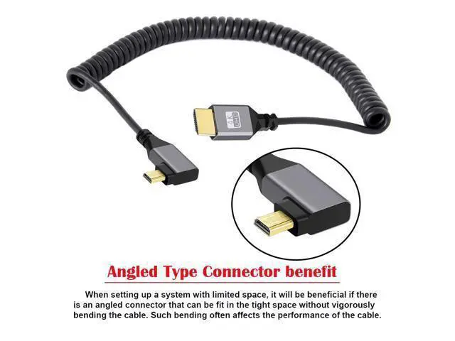 Alt view image 2 of 7 - Micro HDMI 2.0 Male to HDMI Male 4K 60hz Stretch Coiled Cable Left Angled 90 Degree for HDTV Computer Laptop Monitor