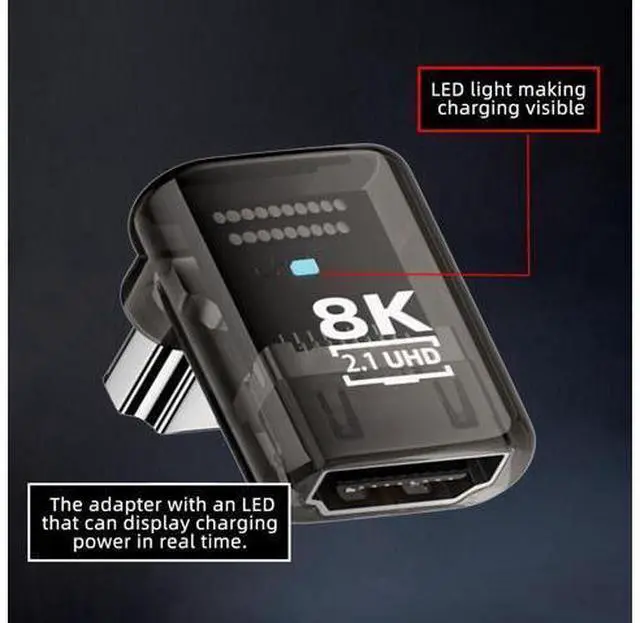Alt view image 6 of 7 - Down Angled 90 Degree Low Profile HDMI Male to HDMI 2.1 Female UHD Extension Adapter Extender Transparent with Smart LED 8K 60hz HDTV