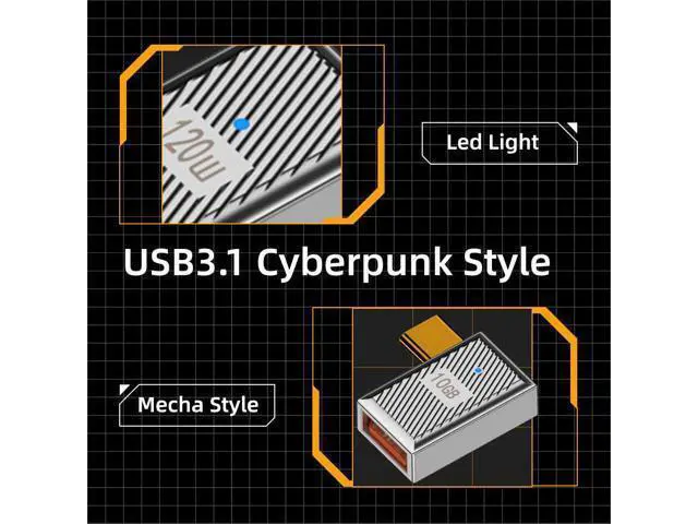 Alt view image 2 of 7 - USB-C USB 3.1 Type C Male to USB 3.0 A Female 10Gbps OTG Data 120W Power Left Right Angled Adapter Alloy Shell Mecha Cyberpunk Style