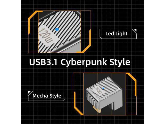 Alt view image 2 of 7 - USB-C USB 3.1 Type C Male to USB 3.0 A Female 10Gbps OTG Data 120W Power Opposite U Shape Back Angled Adapter Alloy Shell Mecha Cyberpunk Style