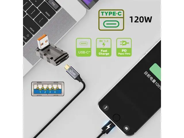 Alt view image 3 of 7 - USB-C USB 3.1 Type C Female to USB 3.0 Type-A Male 90 Degree Up Angled Low Profile Type 10Gbps Data 120W Power Adapter Mecha Cyberpunk Style