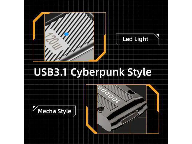 Alt view image 5 of 7 - USB-C USB 3.1 Type C Female to USB 3.0 Type-A Male 90 Degree Right Angled Flat Type 10Gbps Data 120W Power Adapter Mecha Cyberpunk Style