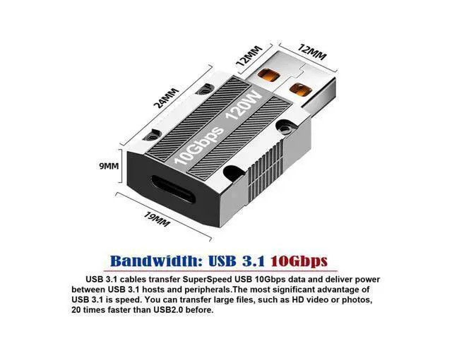 Alt view image 2 of 7 - USB-C USB 3.1 Type C Female to USB 3.0 A Male 10Gbps Data 120W Power Adapter Alloy Shell for Laptop Tablet Mobile Phone
