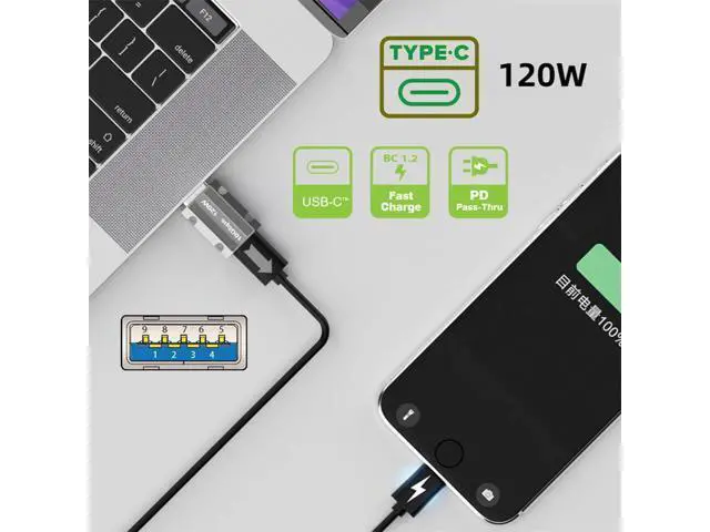 Alt view image 3 of 7 - USB-C USB 3.1 Type C Female to USB 3.0 A Male 10Gbps Data 120W Power Adapter Alloy Shell for Laptop Tablet Mobile Phone