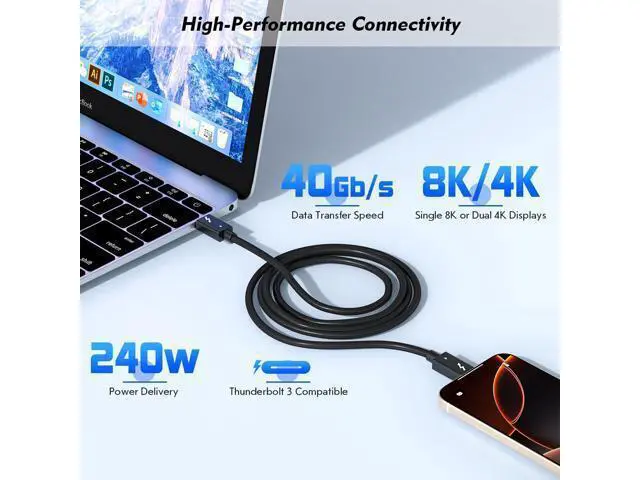 Alt view image 3 of 4 - Thunderbolt 4 Cable 40Gbps, 240W PD, 8K Video, E-Marker Chip, Nylon Braided, 12,000 Bend Lifespan, for MacBook, Laptop, eGPU, Dock & Monitor