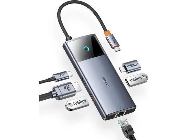 Main image of Baseus USB C Hub, 10Gbps USB C Docking Station with 3 USB A/C Data Ports, 4K@60Hz HDMI, Gigabit Ethernet, 100W PD, 6 in 1 USB C Dock Compatible for iPhone 15//HP/Mac/iPad/Microsoft/Steam Deck