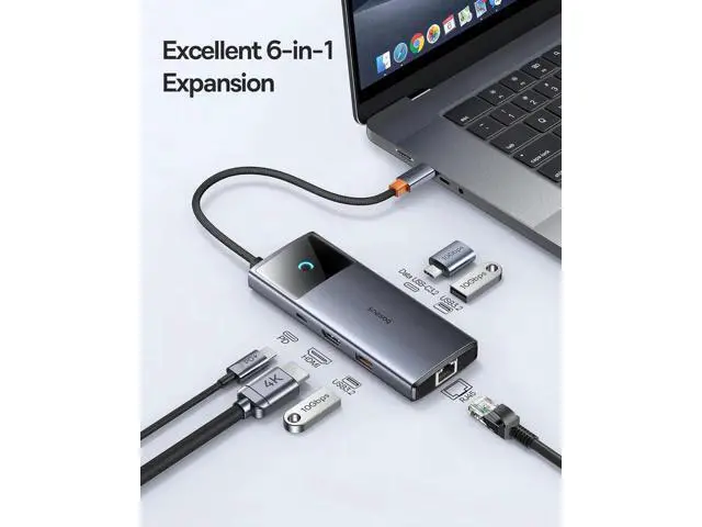 Alt view image 2 of 7 - Baseus USB C Hub, 10Gbps USB C Docking Station with 3 USB A/C Data Ports, 4K@60Hz HDMI, Gigabit Ethernet, 100W PD, 6 in 1 USB C Dock Compatible for iPhone 15//HP/Mac/iPad/Microsoft/Steam Deck