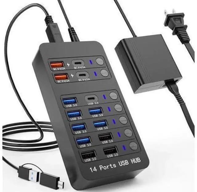 Main image of Powered USB 3.0 Hub, 14 Ports USB Splitter Hub (10 Faster Data Transfer Ports + 4 Smart USB Charging Port) USB Hub with LED Individual On/Off Switches for PC, Laptop, Desktop