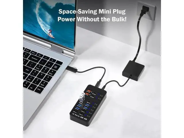 Alt view image 2 of 7 - Powered USB 3.0 Hub, 14 Ports USB Splitter Hub (10 Faster Data Transfer Ports + 4 Smart USB Charging Port) USB Hub with LED Individual On/Off Switches for PC, Laptop, Desktop