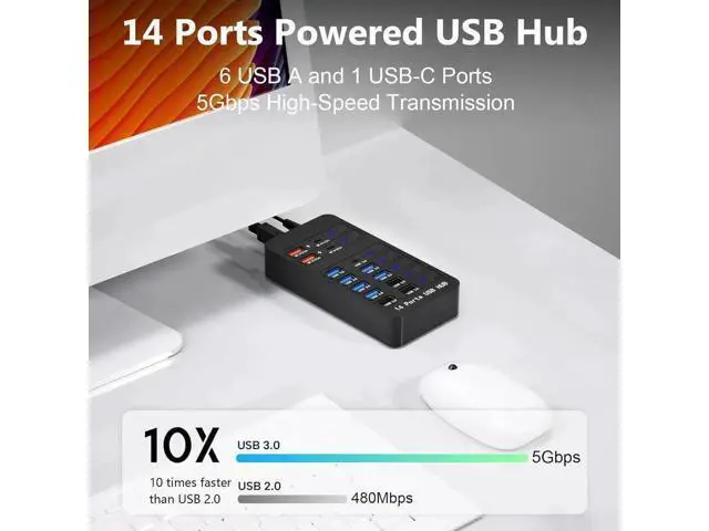 Alt view image 3 of 7 - Powered USB 3.0 Hub, 14 Ports USB Splitter Hub (10 Faster Data Transfer Ports + 4 Smart USB Charging Port) USB Hub with LED Individual On/Off Switches for PC, Laptop, Desktop