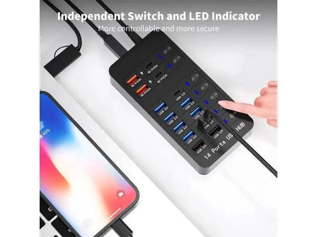 Alt view image 4 of 7 - Powered USB 3.0 Hub, 14 Ports USB Splitter Hub (10 Faster Data Transfer Ports + 4 Smart USB Charging Port) USB Hub with LED Individual On/Off Switches for PC, Laptop, Desktop