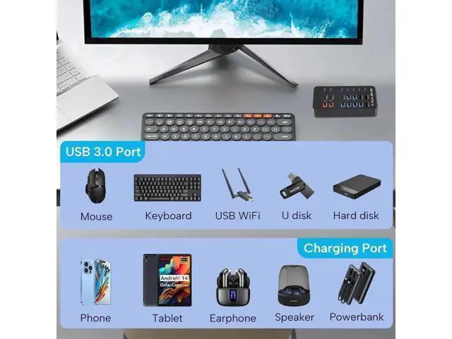 Alt view image 5 of 7 - Powered USB 3.0 Hub, 14 Ports USB Splitter Hub (10 Faster Data Transfer Ports + 4 Smart USB Charging Port) USB Hub with LED Individual On/Off Switches for PC, Laptop, Desktop