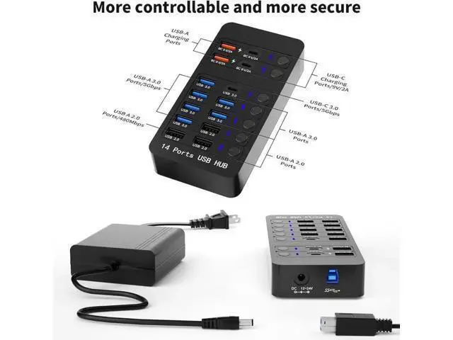 Alt view image 6 of 7 - Powered USB 3.0 Hub, 14 Ports USB Splitter Hub (10 Faster Data Transfer Ports + 4 Smart USB Charging Port) USB Hub with LED Individual On/Off Switches for PC, Laptop, Desktop