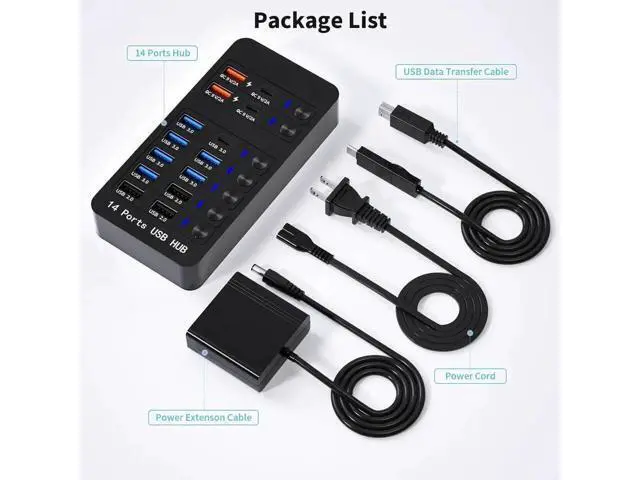 Alt view image 7 of 7 - Powered USB 3.0 Hub, 14 Ports USB Splitter Hub (10 Faster Data Transfer Ports + 4 Smart USB Charging Port) USB Hub with LED Individual On/Off Switches for PC, Laptop, Desktop