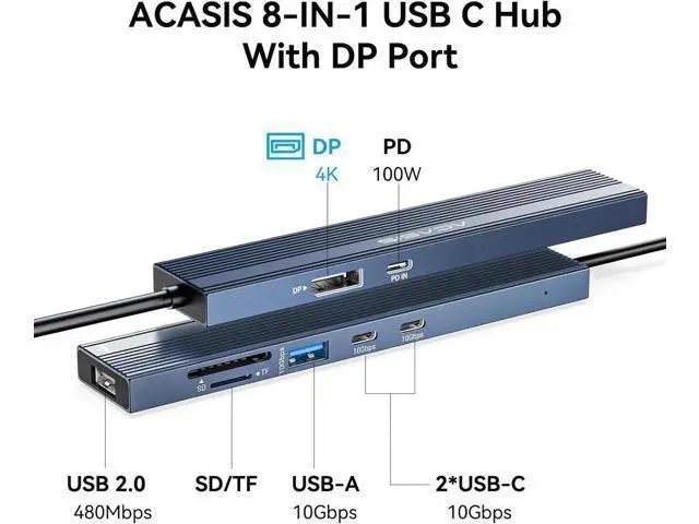 Alt view image 2 of 7 - ACASIS USB C Hub with DP Port 10Gbps Multiport Adapter with 4K Display Port 3*USB3.2 Gen2+USB2.0 480M/bps Data Port 100W Power Delivery SD/TF3.0 USB C to Displayport for Video Editors and More