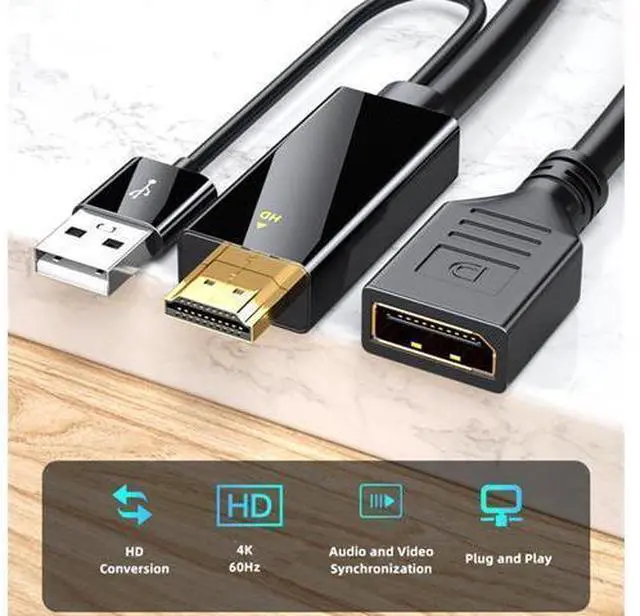 Alt view image 4 of 6 - HDMI to DisplayPort Active Adapter Cable 4K@60Hz, 144Hz, for Gaming Monitor, Laptop, PC to DP Display (Unidirectional, USB Powered)