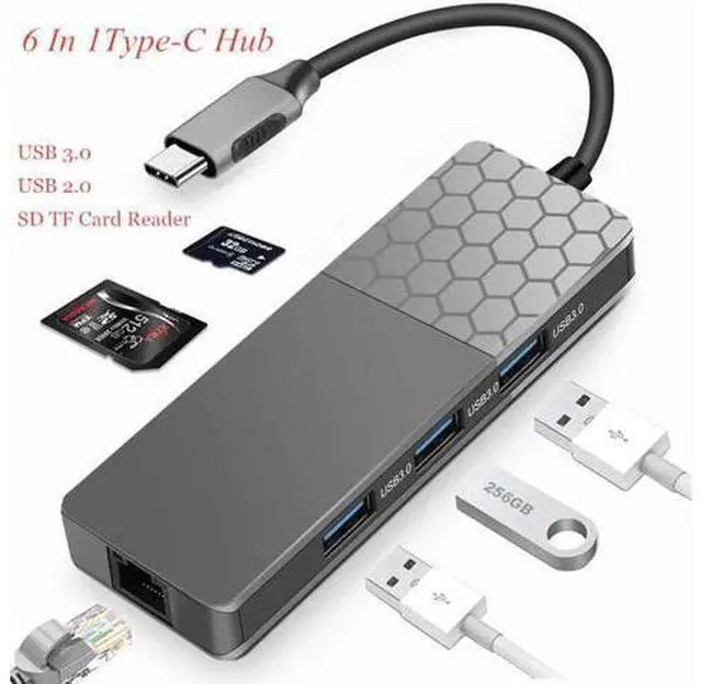 Main image of 6 In 1Type-C Hub USB-C Type-C Hub Docking Station USB 3.0 / RJ45 Fast Speed Transfer SD TF Card Reader Adaptors Charger Hub