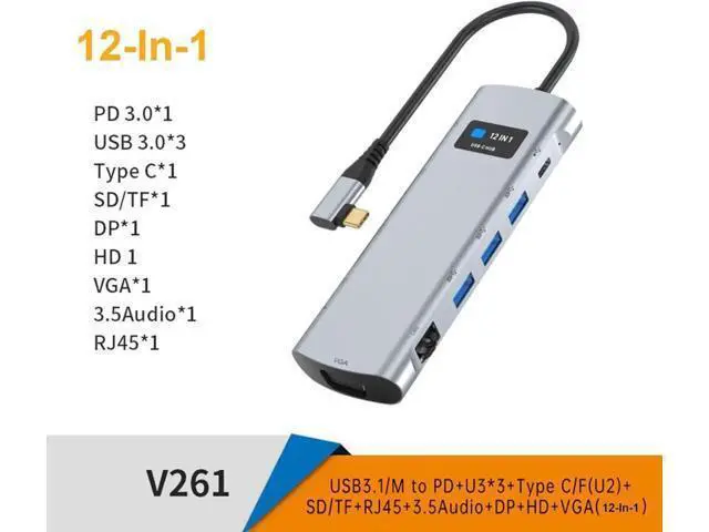 Alt view image 7 of 7 - 12 in 1 Type C Adapter, USB C Hub with 4K, VGA, HD, 3.5mm Audio, RJ45, SD/TF, USB3.0x3