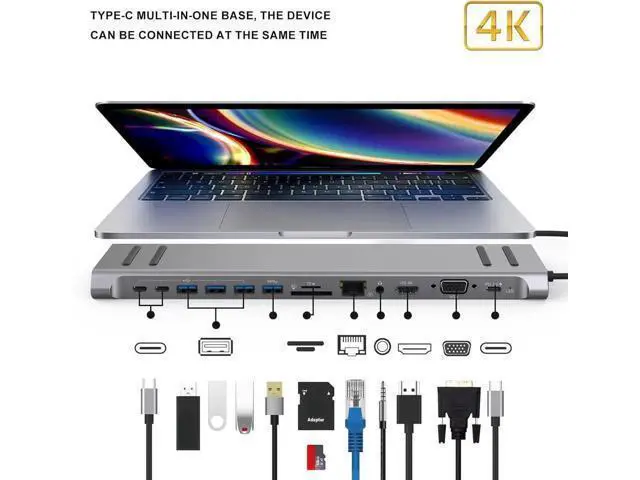 Alt view image 2 of 7 - 14 in 1 Type C Hubs Multiports Adapter with HDMIs VGA PD3.0 Ethernet RJ45 Card USB C Port for Laptops Smartphones