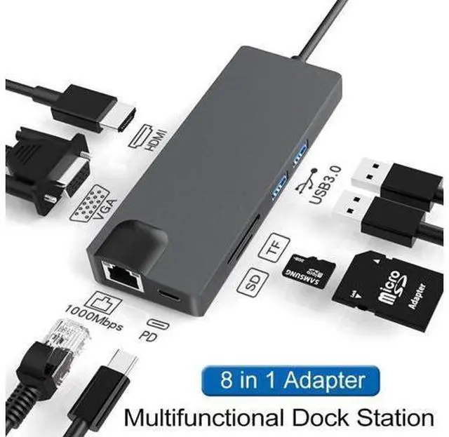 Main image of type-c docking station eight-in-one hdmi/vga converter hub expansion docking station computer network card hub