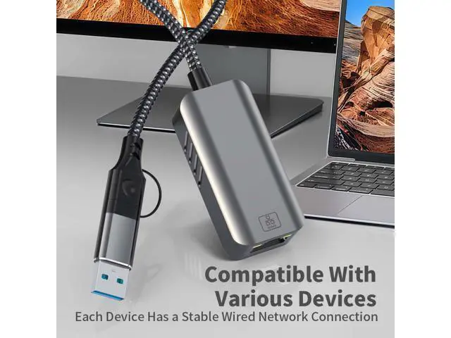 Alt view image 4 of 5 - 5Gbps Ethernet Adapter 2-in-1 USB-C & USB 3.0 to RJ45, 1000Mbps, Plug-and-Play, for Laptop, PC, Tablet & Smartphone