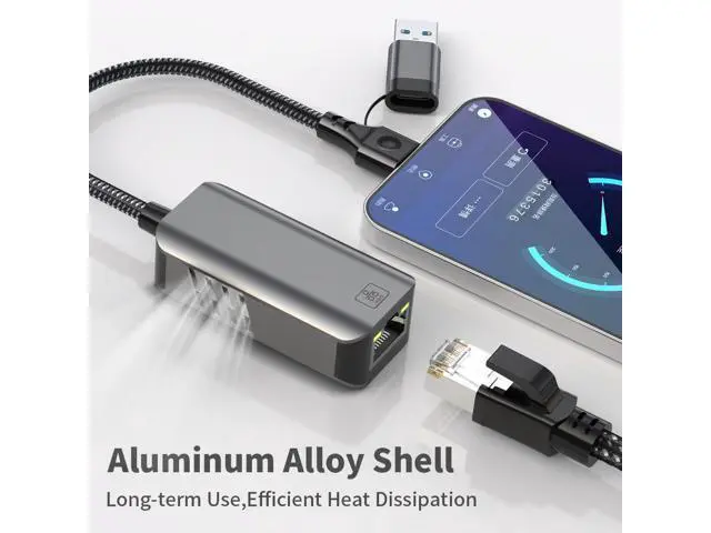 Alt view image 3 of 5 - 5Gbps Ethernet Adapter 2-in-1 USB-C & USB 3.0 to RJ45, 1000Mbps, Plug-and-Play, for Laptop, PC, Tablet & Smartphone