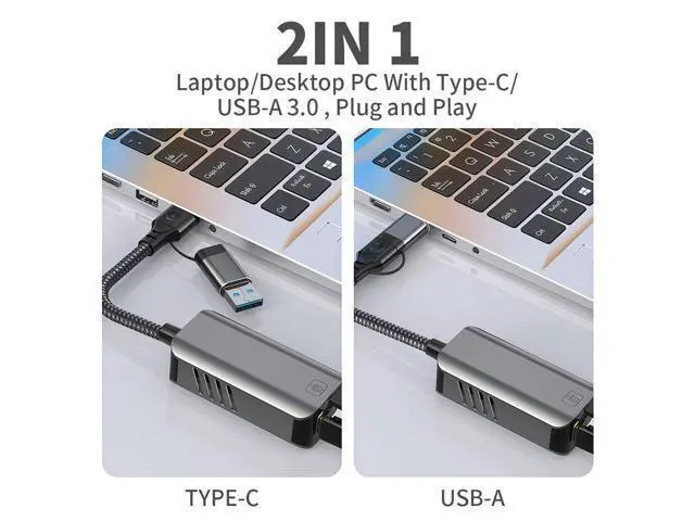 Alt view image 5 of 5 - 5Gbps Ethernet Adapter 2-in-1 USB-C & USB 3.0 to RJ45, 1000Mbps, Plug-and-Play, for Laptop, PC, Tablet & Smartphone
