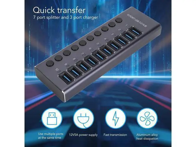 Alt view image 2 of 7 - Powered USB 3.0 Data Hub,10 USB 3.0 Data Ports with Individual Switch,USB Data Hub Splitter with 60W Power Adapter for Laptop PC 100240V (US Plug)
