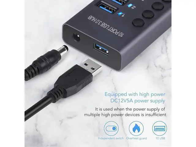 Alt view image 4 of 7 - Powered USB 3.0 Data Hub,10 USB 3.0 Data Ports with Individual Switch,USB Data Hub Splitter with 60W Power Adapter for Laptop PC 100240V (US Plug)