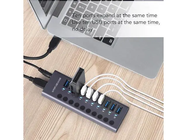 Alt view image 6 of 7 - Powered USB 3.0 Data Hub,10 USB 3.0 Data Ports with Individual Switch,USB Data Hub Splitter with 60W Power Adapter for Laptop PC 100240V (US Plug)