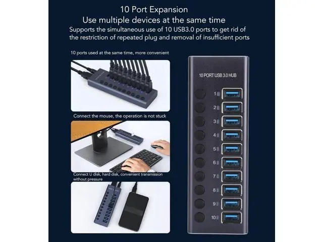 Alt view image 7 of 7 - Powered USB 3.0 Data Hub,10 USB 3.0 Data Ports with Individual Switch,USB Data Hub Splitter with 60W Power Adapter for Laptop PC 100240V (US Plug)