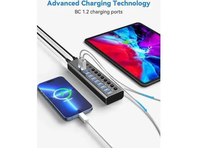 Alt view image 3 of 7 - Powered USB Hub 3.2, 10-Port USB 3.2/USB C Hub (10Gbps USB-A 3.2 +2 USB-C 3.2 +7 USB 3.0 Ports) with Individual On/Off Switches and 12V Power Adapter, Aluminum USB Hub Powered for Laptop PC