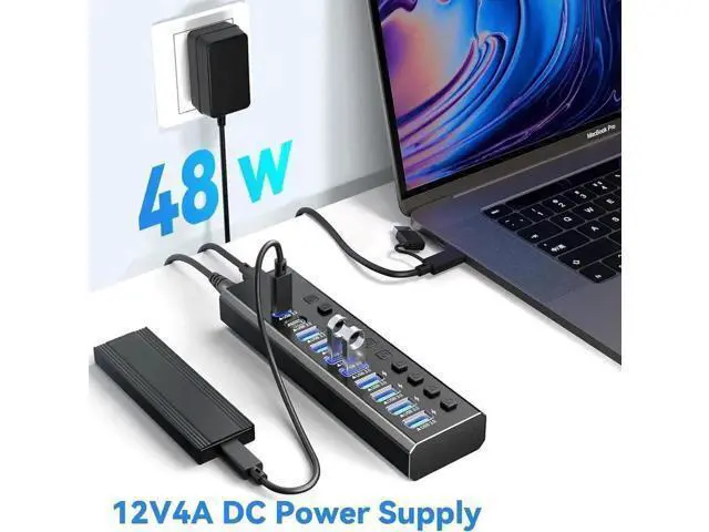 Alt view image 4 of 7 - Powered USB Hub 3.2, 10-Port USB 3.2/USB C Hub (10Gbps USB-A 3.2 +2 USB-C 3.2 +7 USB 3.0 Ports) with Individual On/Off Switches and 12V Power Adapter, Aluminum USB Hub Powered for Laptop PC