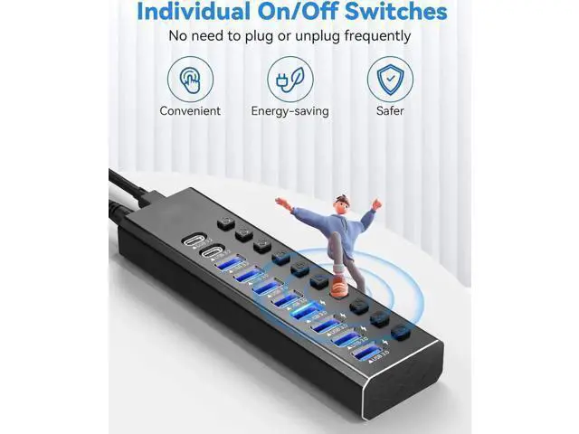 Alt view image 2 of 7 - Powered USB Hub 3.2, 10-Port USB 3.2/USB C Hub (10Gbps USB-A 3.2 +2 USB-C 3.2 +7 USB 3.0 Ports) with Individual On/Off Switches and 12V Power Adapter, Aluminum USB Hub Powered for Laptop PC