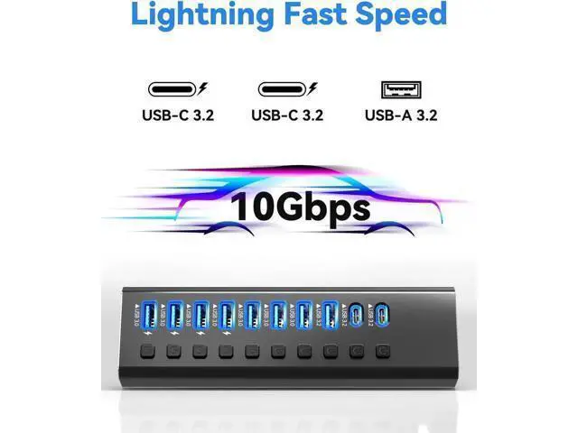 Alt view image 5 of 7 - Powered USB Hub 3.2, 10-Port USB 3.2/USB C Hub (10Gbps USB-A 3.2 +2 USB-C 3.2 +7 USB 3.0 Ports) with Individual On/Off Switches and 12V Power Adapter, Aluminum USB Hub Powered for Laptop PC