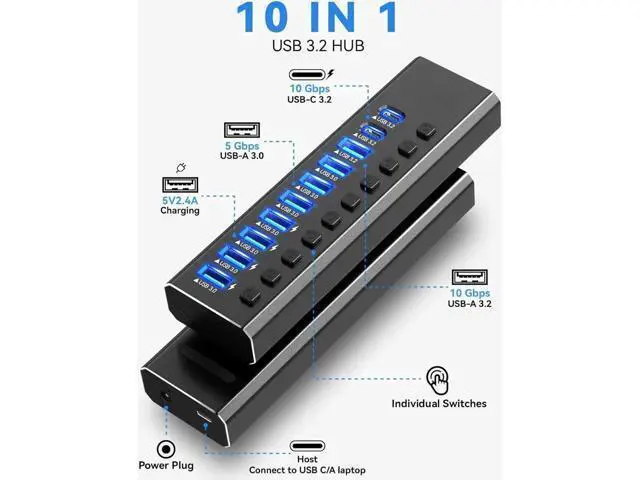 Alt view image 6 of 7 - Powered USB Hub 3.2, 10-Port USB 3.2/USB C Hub (10Gbps USB-A 3.2 +2 USB-C 3.2 +7 USB 3.0 Ports) with Individual On/Off Switches and 12V Power Adapter, Aluminum USB Hub Powered for Laptop PC