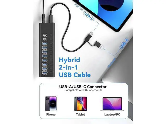 Alt view image 7 of 7 - Powered USB Hub 3.2, 10-Port USB 3.2/USB C Hub (10Gbps USB-A 3.2 +2 USB-C 3.2 +7 USB 3.0 Ports) with Individual On/Off Switches and 12V Power Adapter, Aluminum USB Hub Powered for Laptop PC