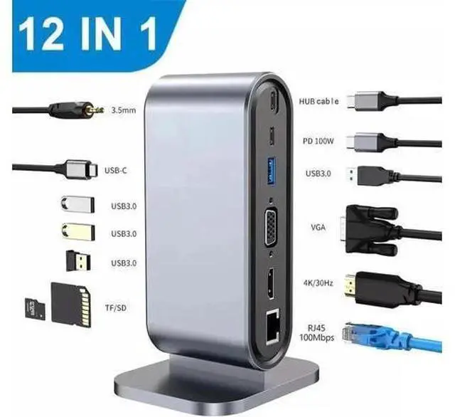 Main image of 12 Ports USB C Docking Station 12-in-1 USB C Hub Dock Laptop Display Docking Station Universal Port with 4K HDMI Monitor,100W PD,Ethernet,VGA,Audio,SD/TF,USB 3.0 Adapter for Mac Computer