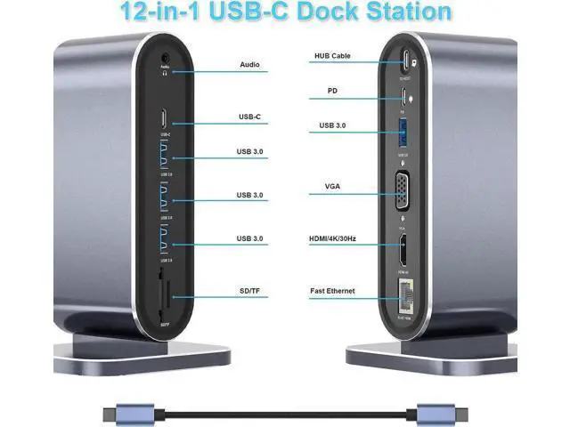 Alt view image 2 of 7 - 12 Ports USB C Docking Station 12-in-1 USB C Hub Dock Laptop Display Docking Station Universal Port with 4K HDMI Monitor,100W PD,Ethernet,VGA,Audio,SD/TF,USB 3.0 Adapter for Mac Computer