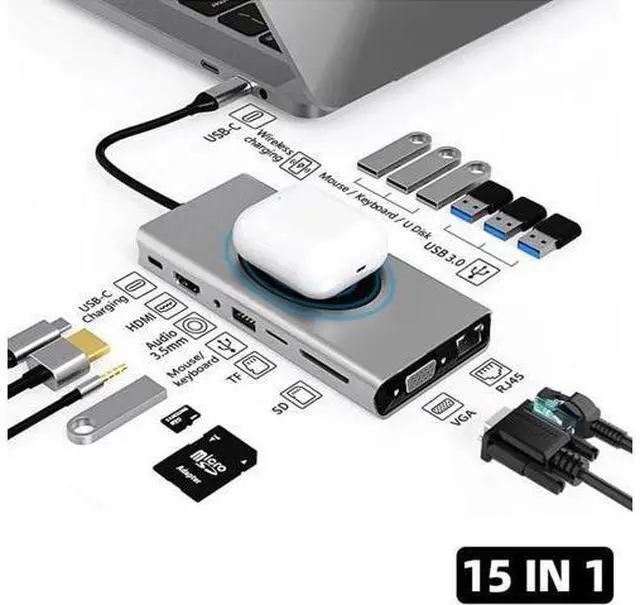 Main image of USB C Docking Station 15 in 1 USB-C Dual Display Laptop USB Type-C Hub Multiport Adapter Dongle with HDMI VGA USB Port SD/TF Audio PD Compatible with Mac & MacBook & Windows Laptop