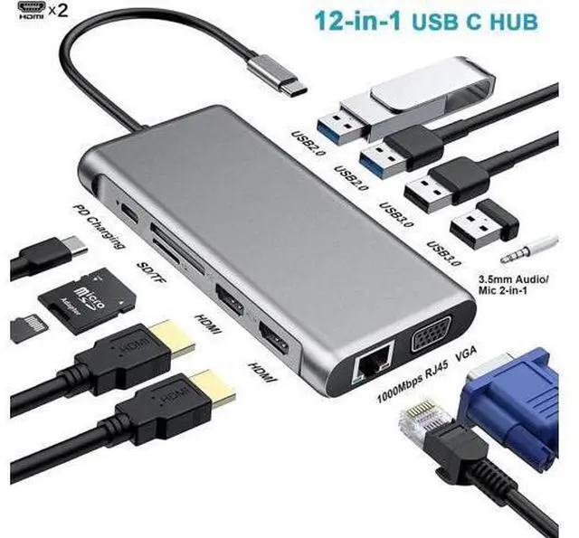 Main image of Docking Station Dual Monitor 12 in 1 USB C Hub Multiport Adapter Triple Display 4 USB Ports 2 HDMI VGA Gigabit Ethernet 100W PD TF/SD Audio for MacBook/Dell/HP/Lenovo Lap with Thunderbolt 3/4