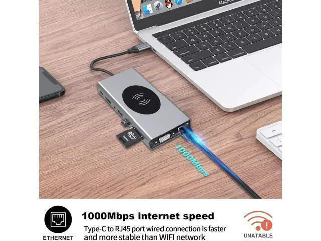 Alt view image 3 of 7 - USB C Docking Station 15 in 1 USB-C Dual Display Laptop USB Type-C Hub Multiport Adapter Dongle with HDMI VGA USB Port SD/TF Audio PD Compatible with Mac & MacBook & Windows Laptop