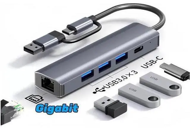 Main image of USB Hub, 5-in-1 USB to Network HUB with 3 USB 3.0 Data Transmission, 1 USB C, Gigabit Ethernet Port USB Aluminum Extension for Laptop, iMac, PC, USB Flash Drives etc