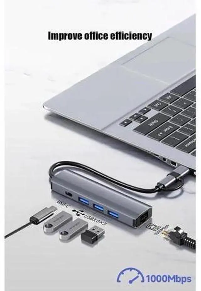 Alt view image 7 of 7 - USB Hub, 5-in-1 USB to Network HUB with 3 USB 3.0 Data Transmission, 1 USB C, Gigabit Ethernet Port USB Aluminum Extension for Laptop, iMac, PC, USB Flash Drives etc
