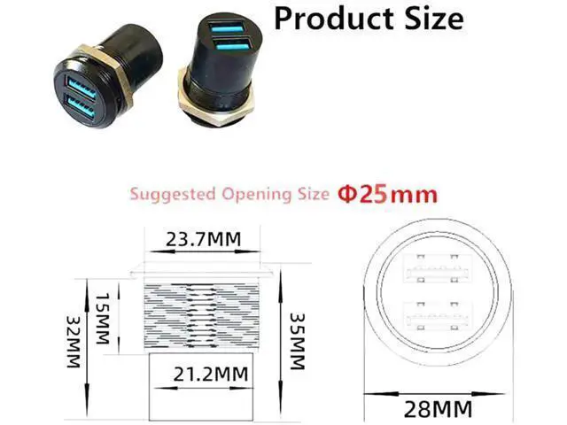 Alt view image 6 of 6 - Dual USB 3.0 Threaded Fixing Mount Adapter Round Connector 2 Female to 2 Female Converter 2 Ports USB 3.0 Mounting Socket 5Gbps 5V 2A for High-Speed Data Transfer Charging