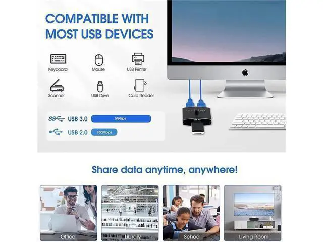 Alt view image 6 of 7 - Bi-Directional USB 3.0 HUB Printer Sharing Device Printer 2-Port Switching Converter Manual Splitter Switch Sharing, ,1 In 2 Out / 2 In 1 Out, Includes Two 3.3FT Data Cables