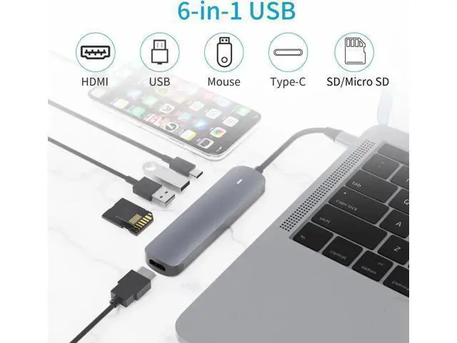 Alt view image 5 of 7 - USB C Hub,6 in 1 USB C Adapter,Type C Hub with 4K USB C to HDMI,USB 3.0, USB 2.0,SD/TF Card Reader,87W USB C PD Charging Thunderbolt 3 for MacBook Pro Air, Dell XPS 15,Google Chromebook Pixel