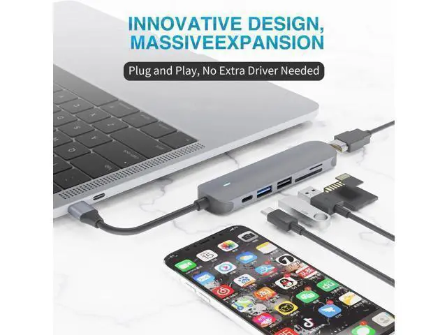Alt view image 6 of 7 - USB C Hub,6 in 1 USB C Adapter,Type C Hub with 4K USB C to HDMI,USB 3.0, USB 2.0,SD/TF Card Reader,87W USB C PD Charging Thunderbolt 3 for MacBook Pro Air, Dell XPS 15,Google Chromebook Pixel